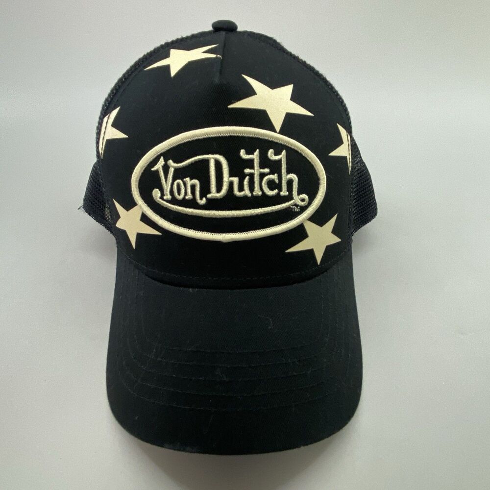 Von Dutch Black Trucker Hat Star Logo Mesh Snapback Cap Y2K Graphic Adjustable